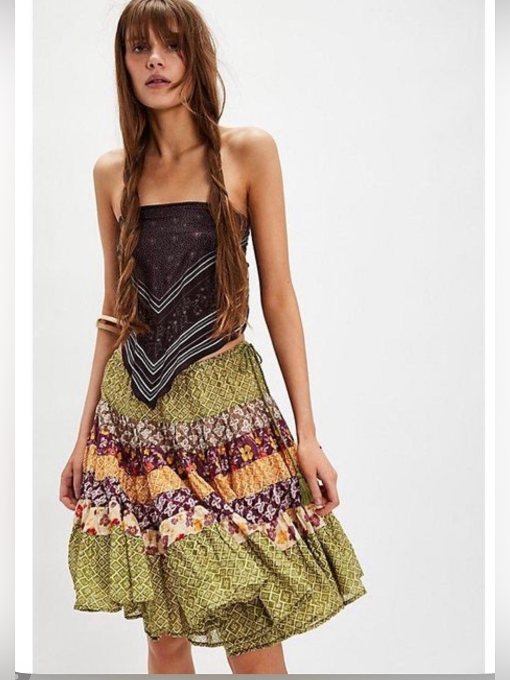 Free People Many Layers Printed Floral Tiered Patchwork Circle Skirt